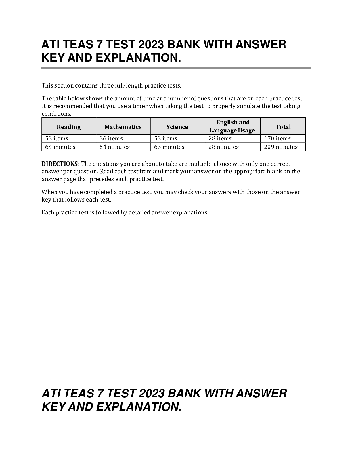 Preview image for ATI TEAS 7 TEST 2023 BANK WITH ANSWER KEY AND    EXPLANATION.